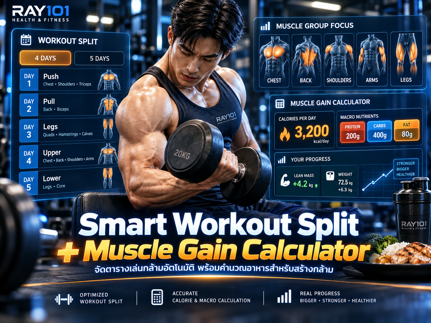 Smart Workout Split และ Muscle Gain Calculator